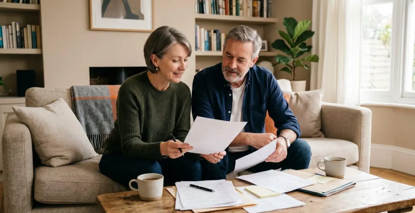 Un couple dans la cinquantaine discute autour de documents sur une table basse dans un salon moderne et lumineux, illustrant la planification successorale