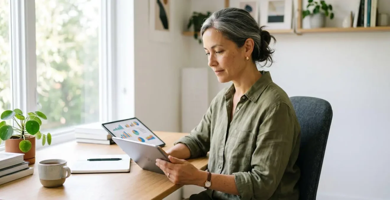 Une femme d'une quarantaine d'années consulte un graphique financier sur une tablette, assise dans un espace de travail épuré et bien éclairé