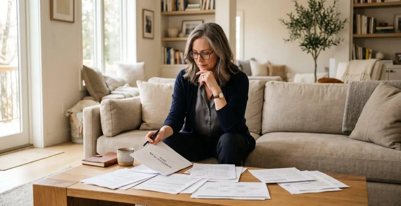Personne de 45 ans consultant des documents financiers liés à son épargne retraite dans un salon lumineux