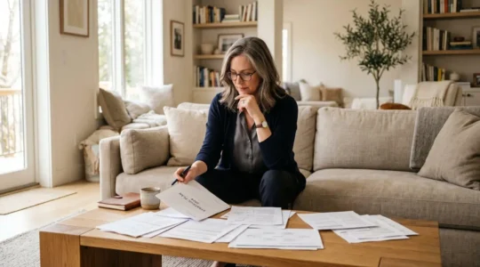 Personne de 45 ans consultant des documents financiers liés à son épargne retraite dans un salon lumineux