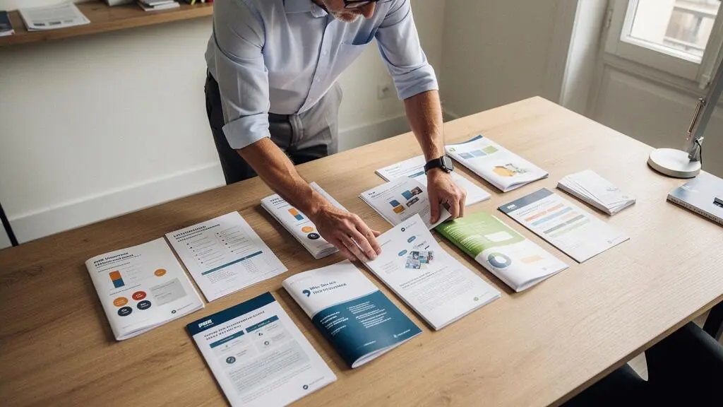Professionnel financier debout comparant méthodiquement plusieurs brochures de produits d'épargne retraite sur une table de travail