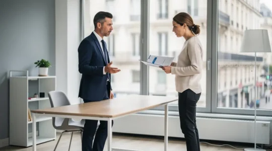 Conseiller financier debout expliquant des documents d'épargne retraite à un client dans un espace de conseil moderne
