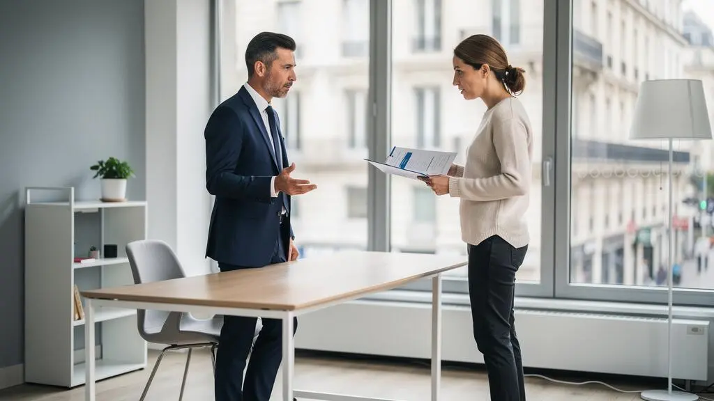 Conseiller financier debout expliquant des documents d'épargne retraite à un client dans un espace de conseil moderne