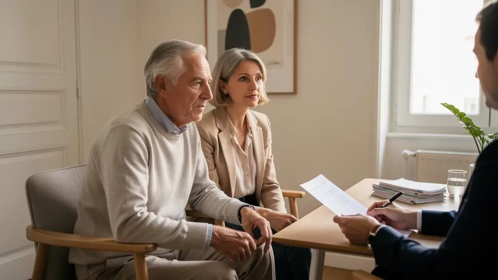 Couple de seniors en consultation financière pour la préparation de leur retraite et l'optimisation de leurs frais d'épargne